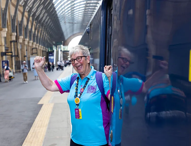 A member of the HEY Volunteering group onboard a Hull Trains service at London Kings Cross