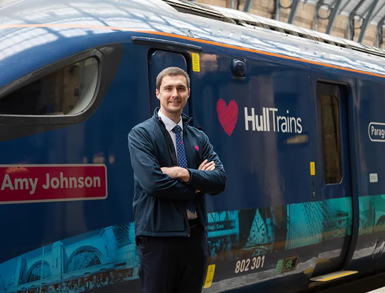 Train driver Matt on the platform at London Kings Cross for National Apprenticeship Week