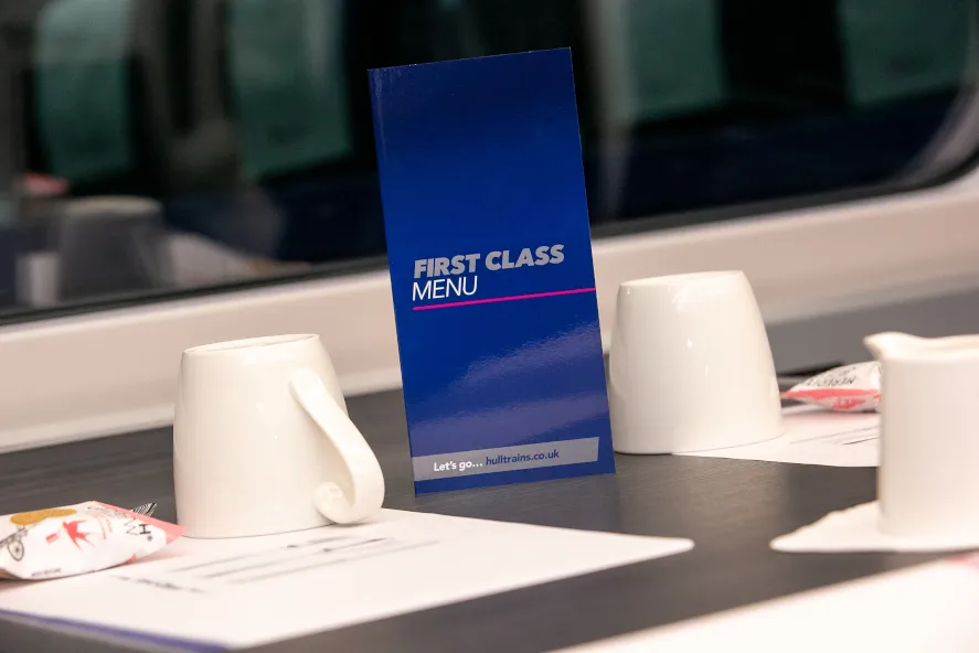 Hull Trains Paragon first class close up of on board menu