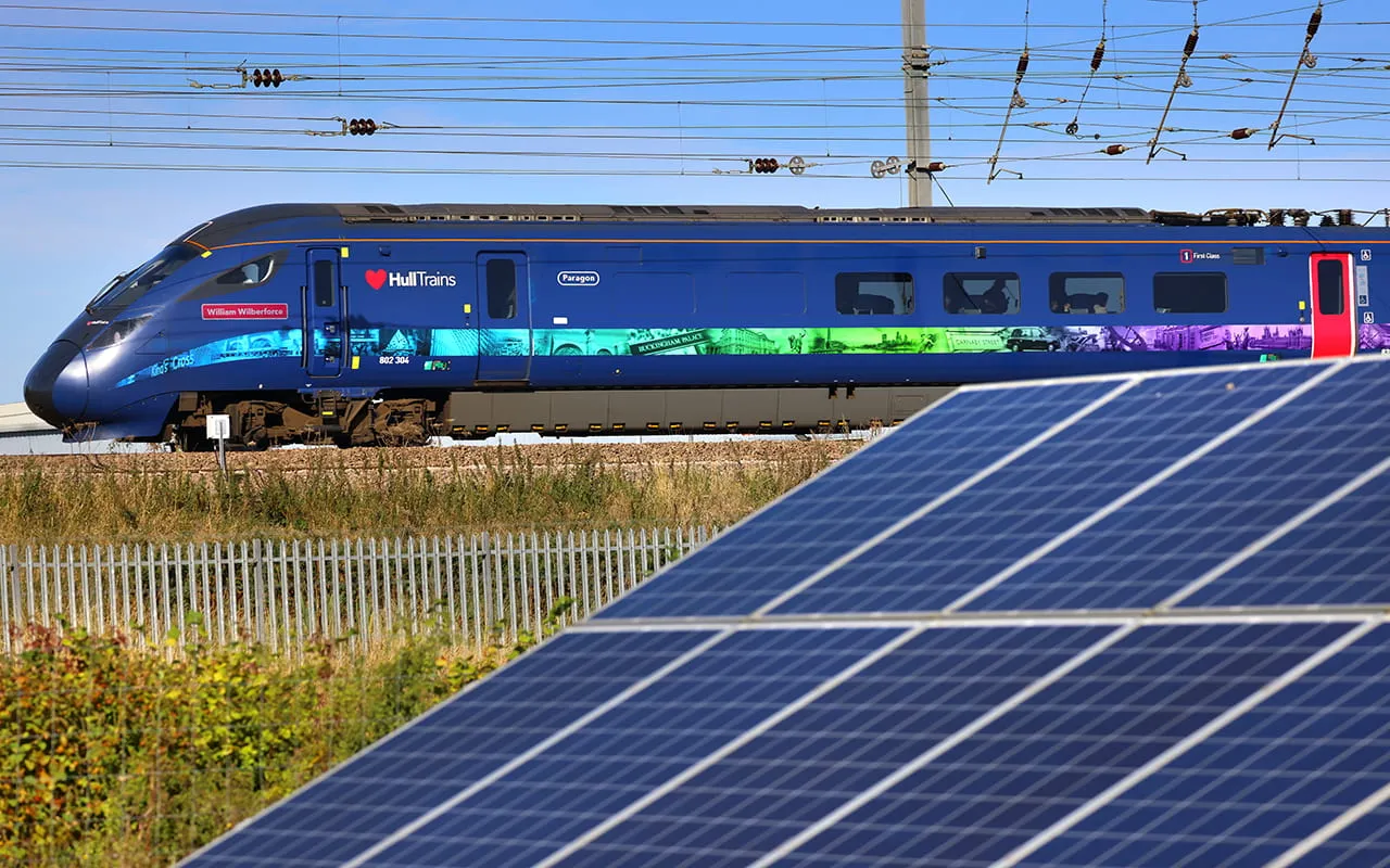 Hull Trains passing solar panels on route