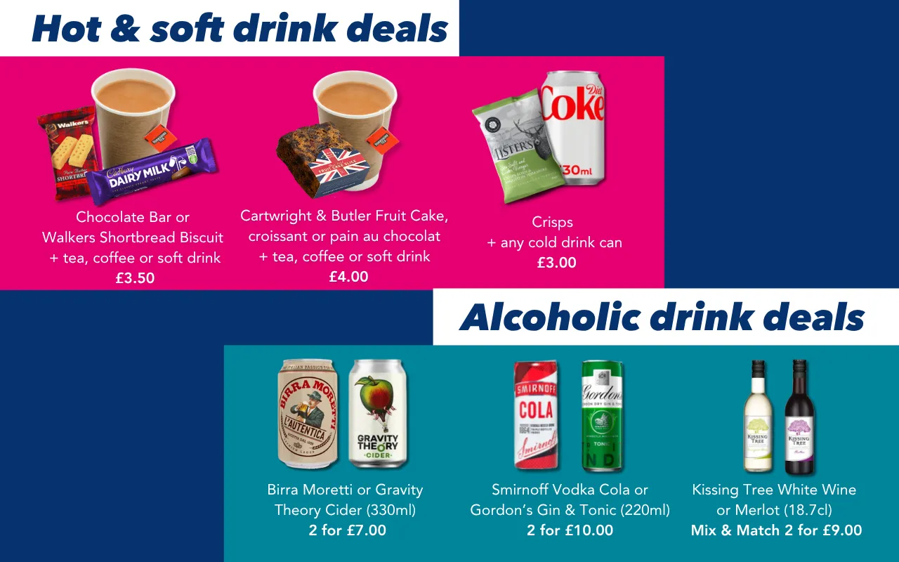 A graphic showing the deals available onboard Hull Trains services